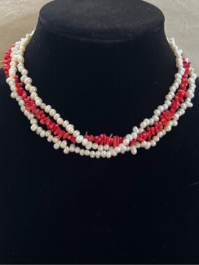 Red Coral & Fresh Water Pearl Multi-Strand Choker Chunky Beaded Necklace Vintage
